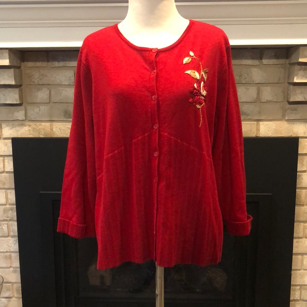 Emma James Red Embroidered Cardigan Sweater size XL